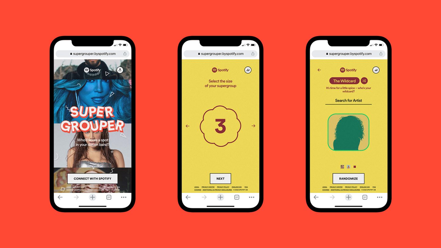 Phone screens displaying Spotify Supergrouper process
