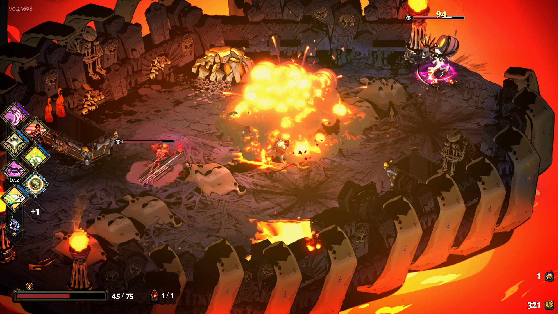 'Hades' player character Zagreus kneels amidst an explosion taking place on a boat sailing through a river of lava.