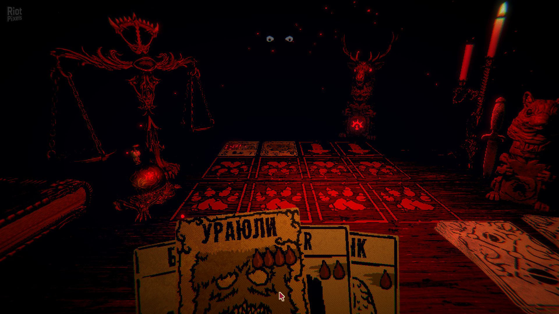 The 'Inscryption' player holds a deck of cards in their hands while facing the game's shadowy antagonist.