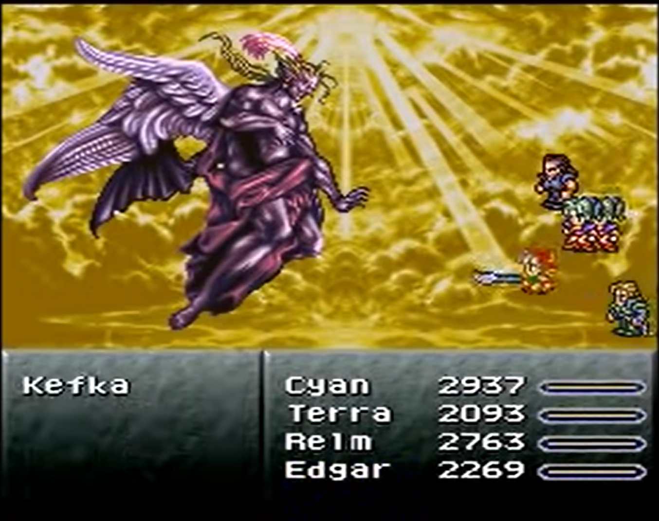 A party of four aligned to the right side of the screen face against the 'Final Fantasy VI' final boss Kefka on the left.