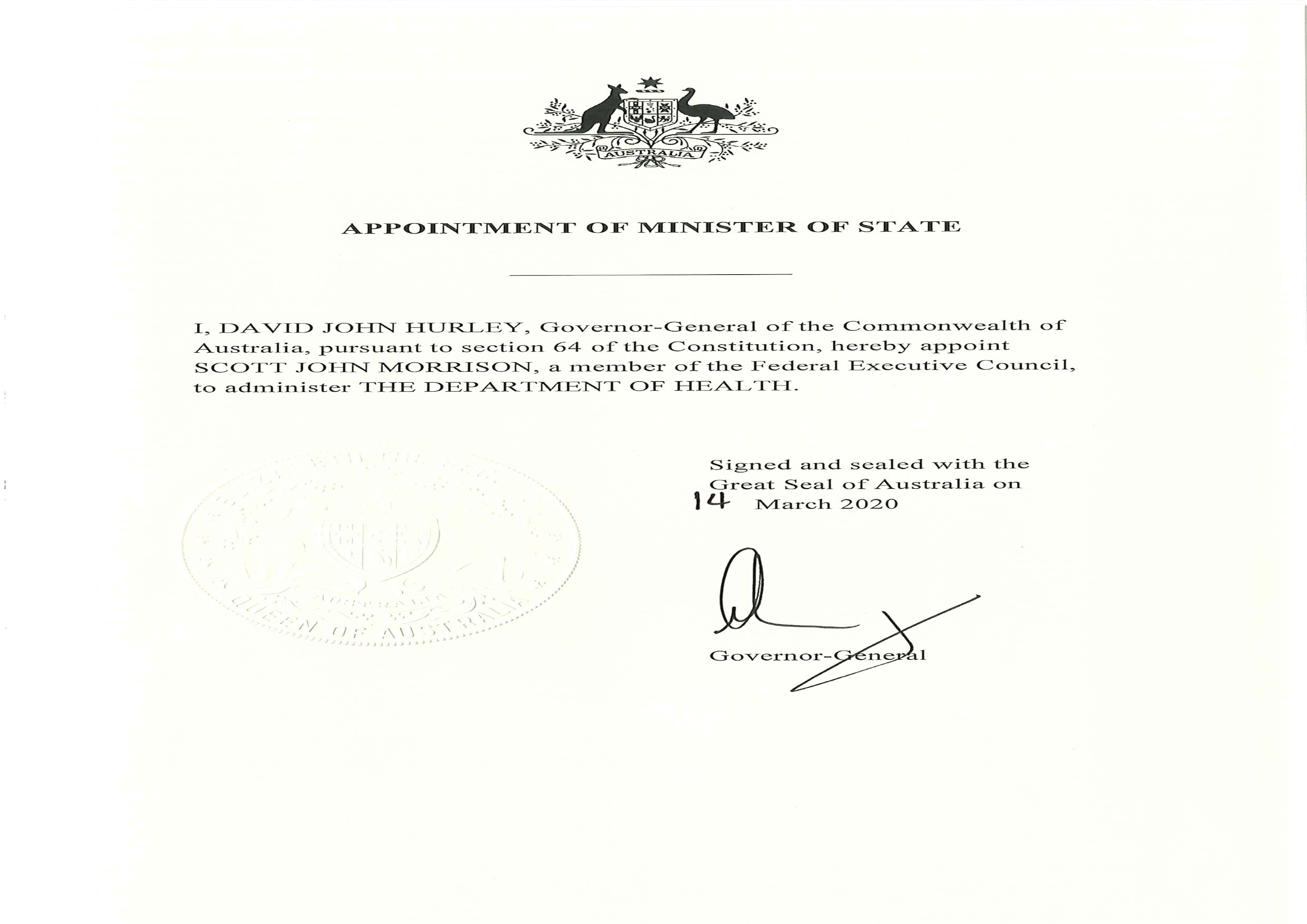 Governor-General David John Hurley's appointment of former Prime Minister Scott Morrison as Health Minister.