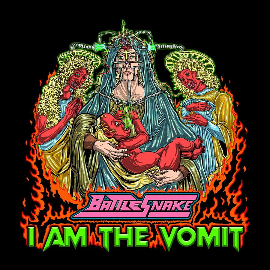 The cover for Battlesnake's new heavy metal single. It depicts a Mary-like figure holding a demonic baby in her hands while two demonic angels connected to her on either side by wires pray towards the baby. Below them are the words "BATTELSNAKE" and "I AM THE VOMIT".