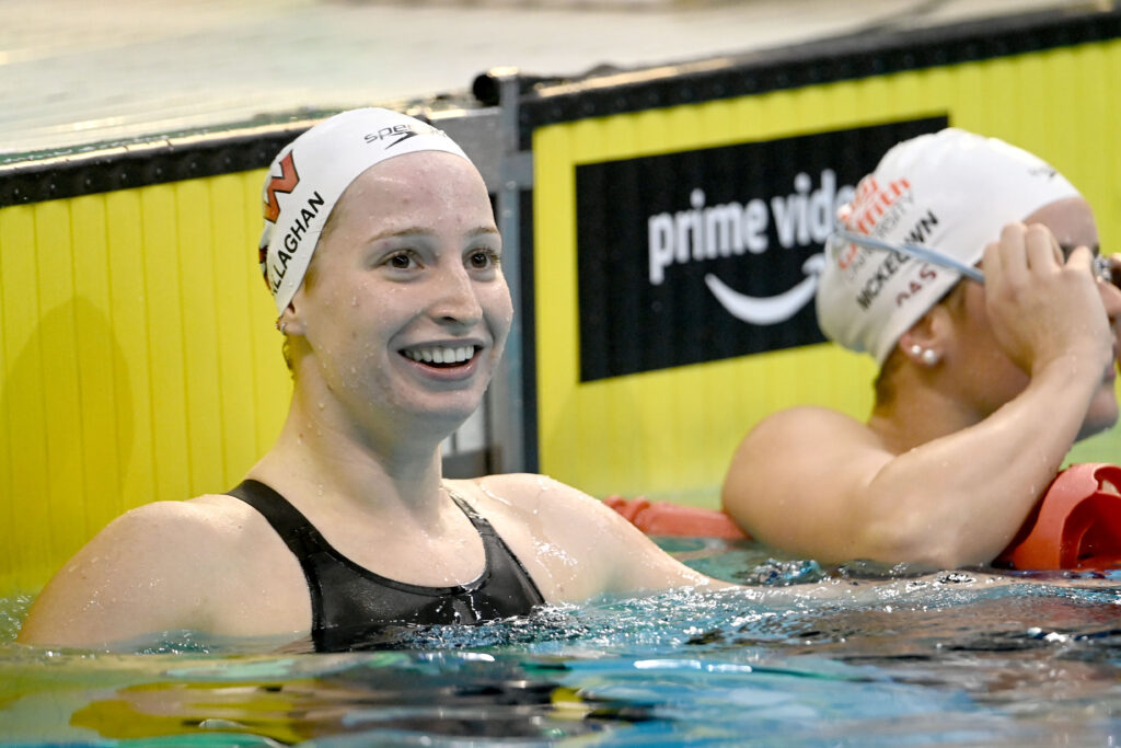 Mollie O'Callaghan sees she has qualified in a fourth event, the 200m Backstroke, at the trial event in Adelaide.
Photo: Delly Carr/Swimming Australia