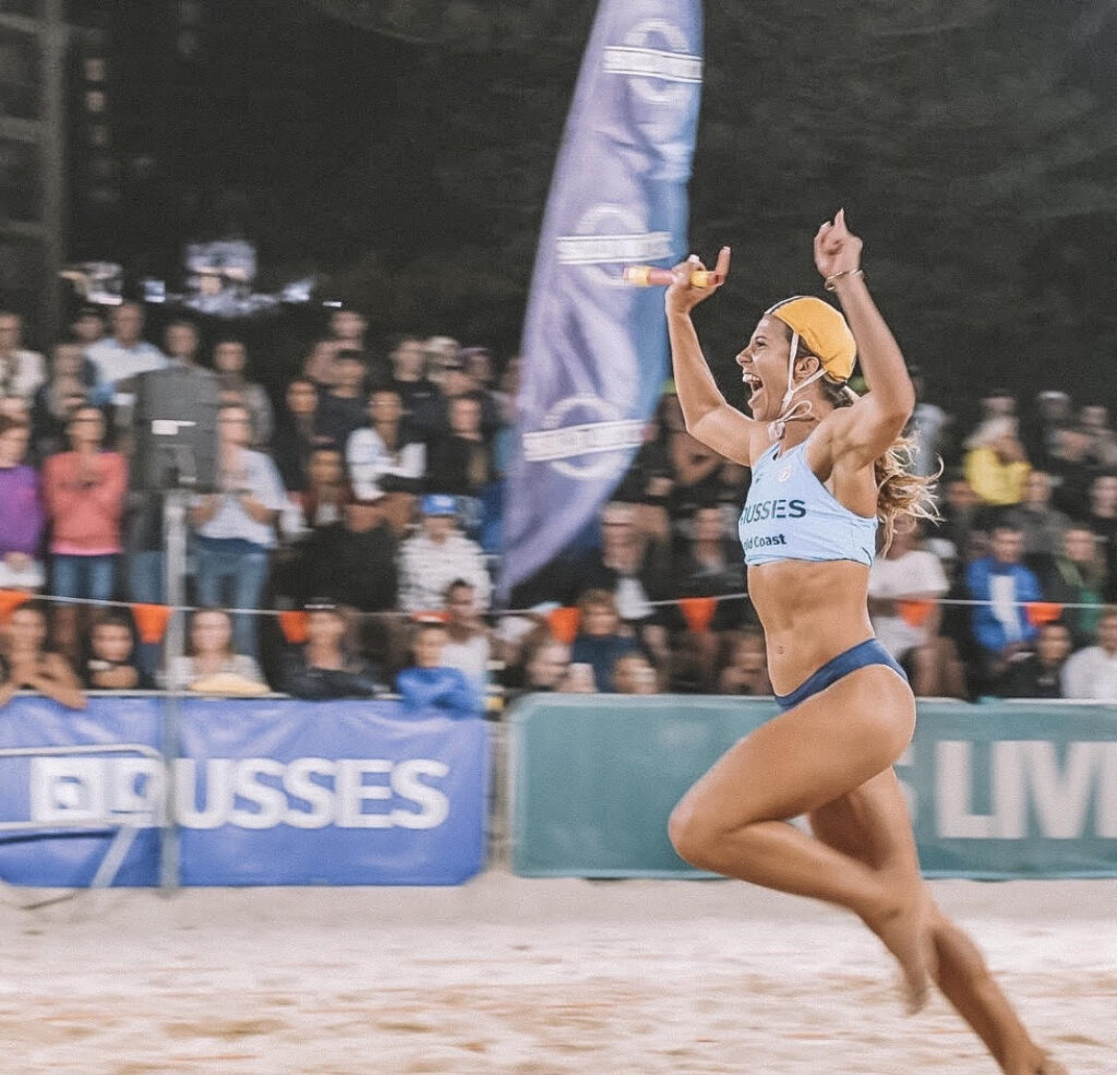 Bree Masters celebrating a win on the sand. Image: Supplied / HarvPix