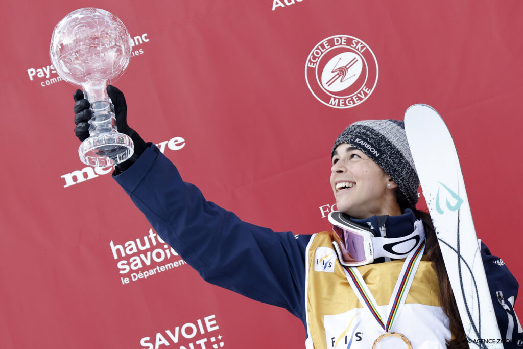 Jakara Anthony celebrates after the FIS Freestyle Ski World Cup Men's and Women's Moguls on March 19, 2022 in Megeve, France. Image: OWIA/Chris Hosking