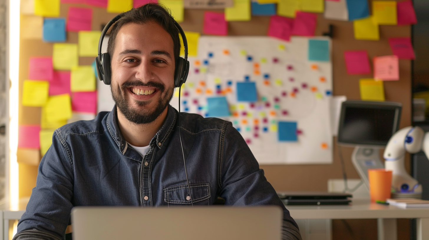 customer success manager, wearing a headset, sits in front of a laptop, surrounded by post-it notes