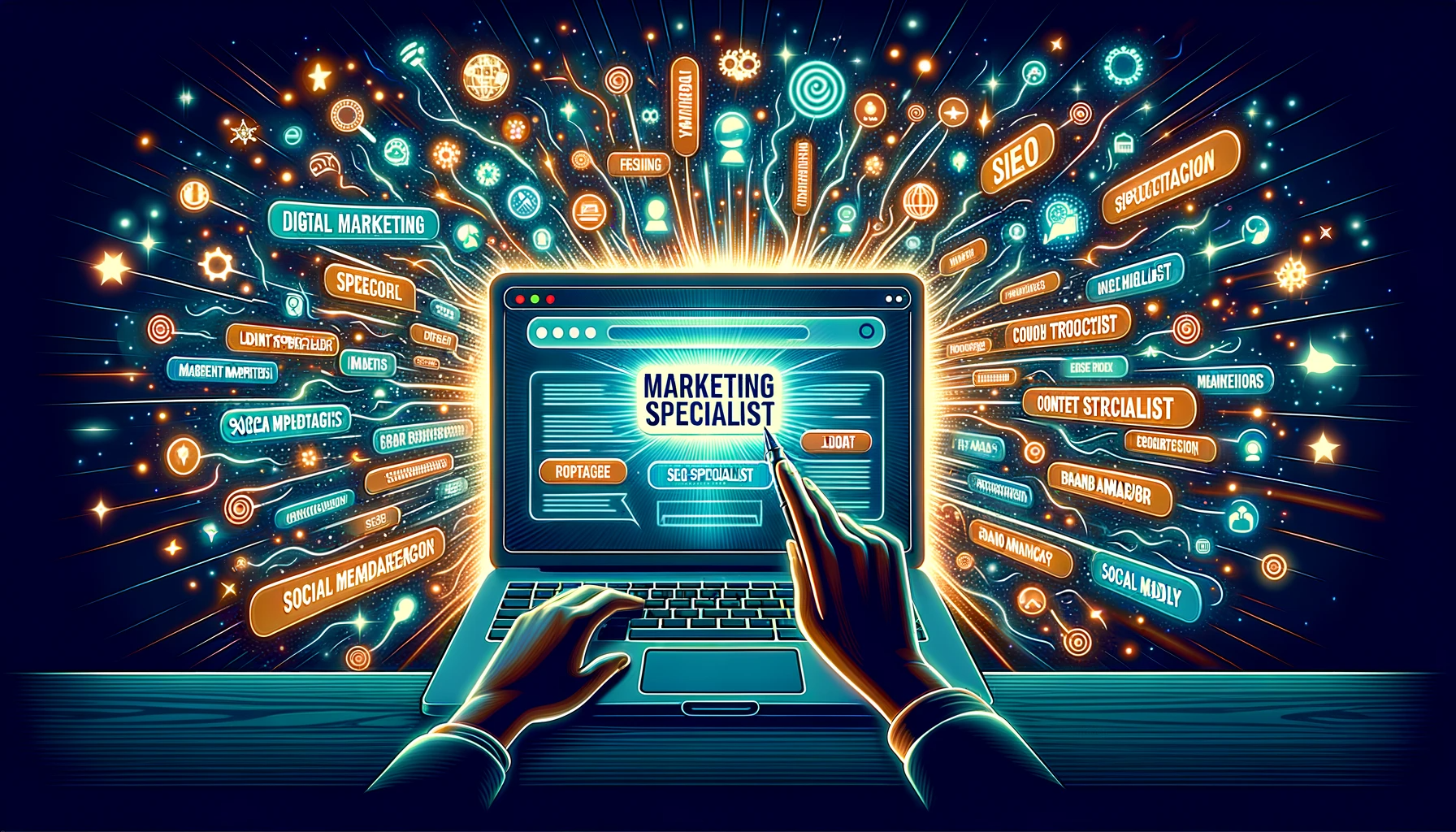 <p>Illustration of a computer screen showcasing an online job advertisement with the title 'Marketing Specialist'. The title starts to pulsate and then bursts out into a myriad of related job titles like 'Digital Marketing Expert', 'Content Strategist', 'SEO Specialist', 'Brand Ambassador', and 'Social Media Manager'. The entire scene is animated with radiant glows, swirling energies, and dynamic lines to capture the explosion of diverse roles.</p>