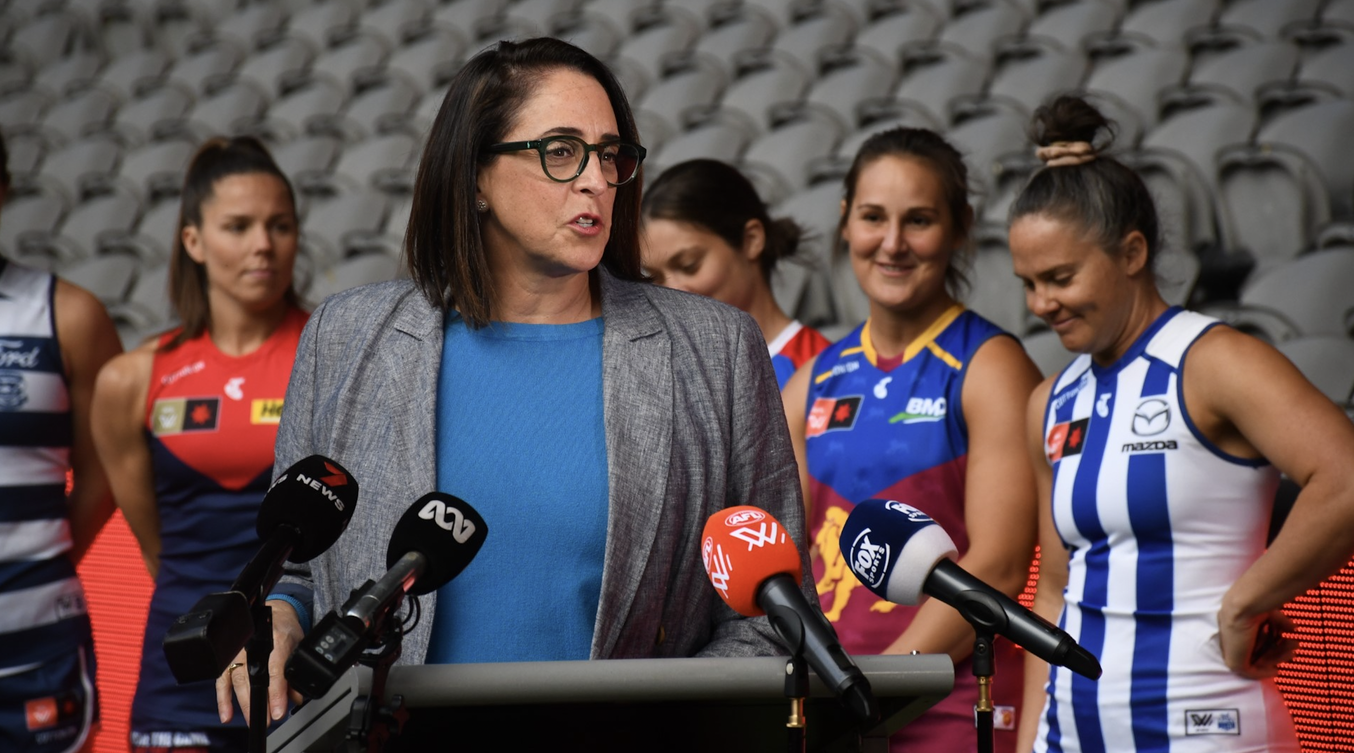 Nicole Livingstone addressing the media at the 2023 AFLW Captain's Day at Marvel Stadium on August 21. Image: Matt Haug