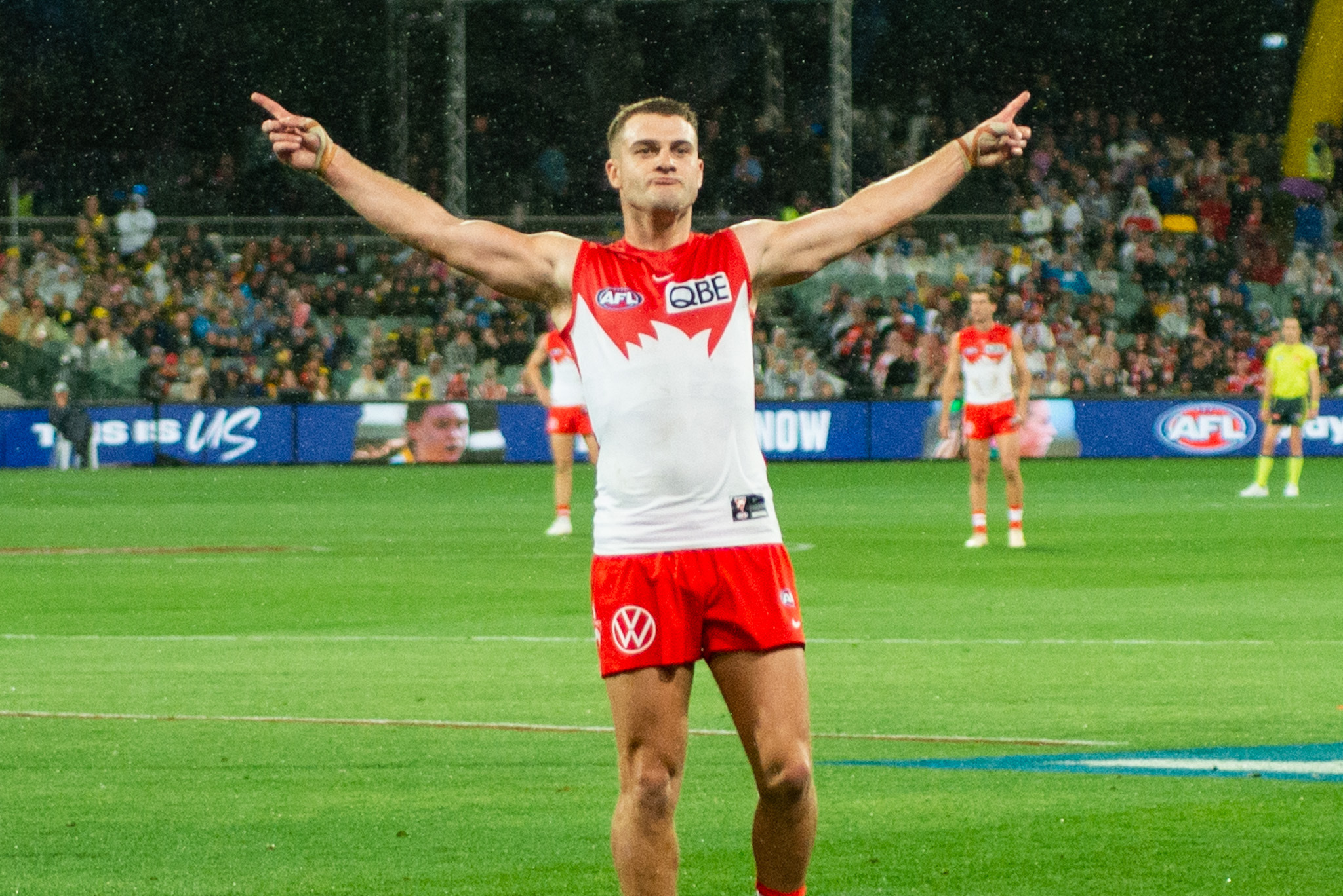 Tom Papley celebrates after one of his final quarter goals. ImageL Dani Brown