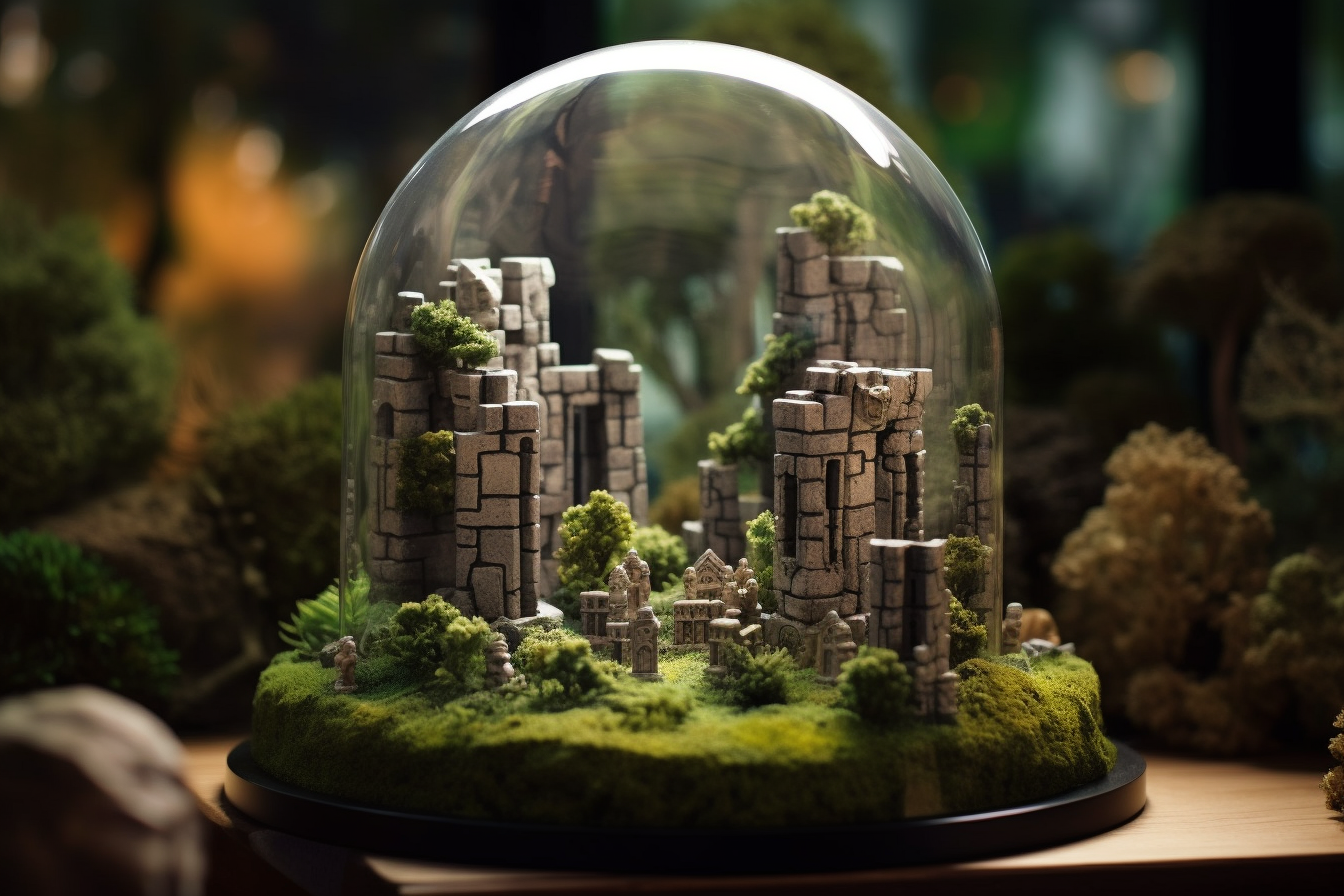 A model of ancient stone ruins inside of a terrarium.