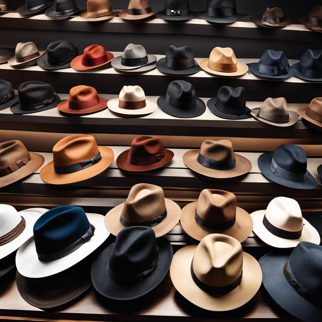 fedora hats in different styles and colors displayed on a store rack