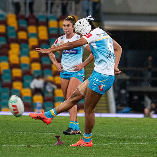 Chantay Kiria-Ratu kicks for the Titans against the Broncos. Image: Nadia Achilles / NJA Photography