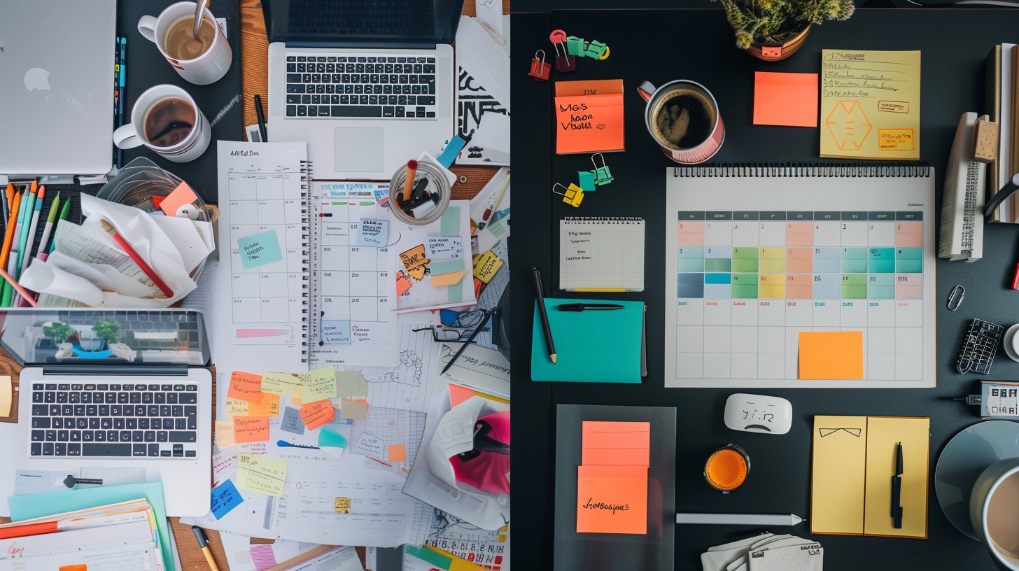 a messy desk with scattered papers, coffee cups, and a laptop with a disorganized social media schedule on the screen; on the right, a tidy workspace with a color-coded calendar, a neatly arranged product launch timeline