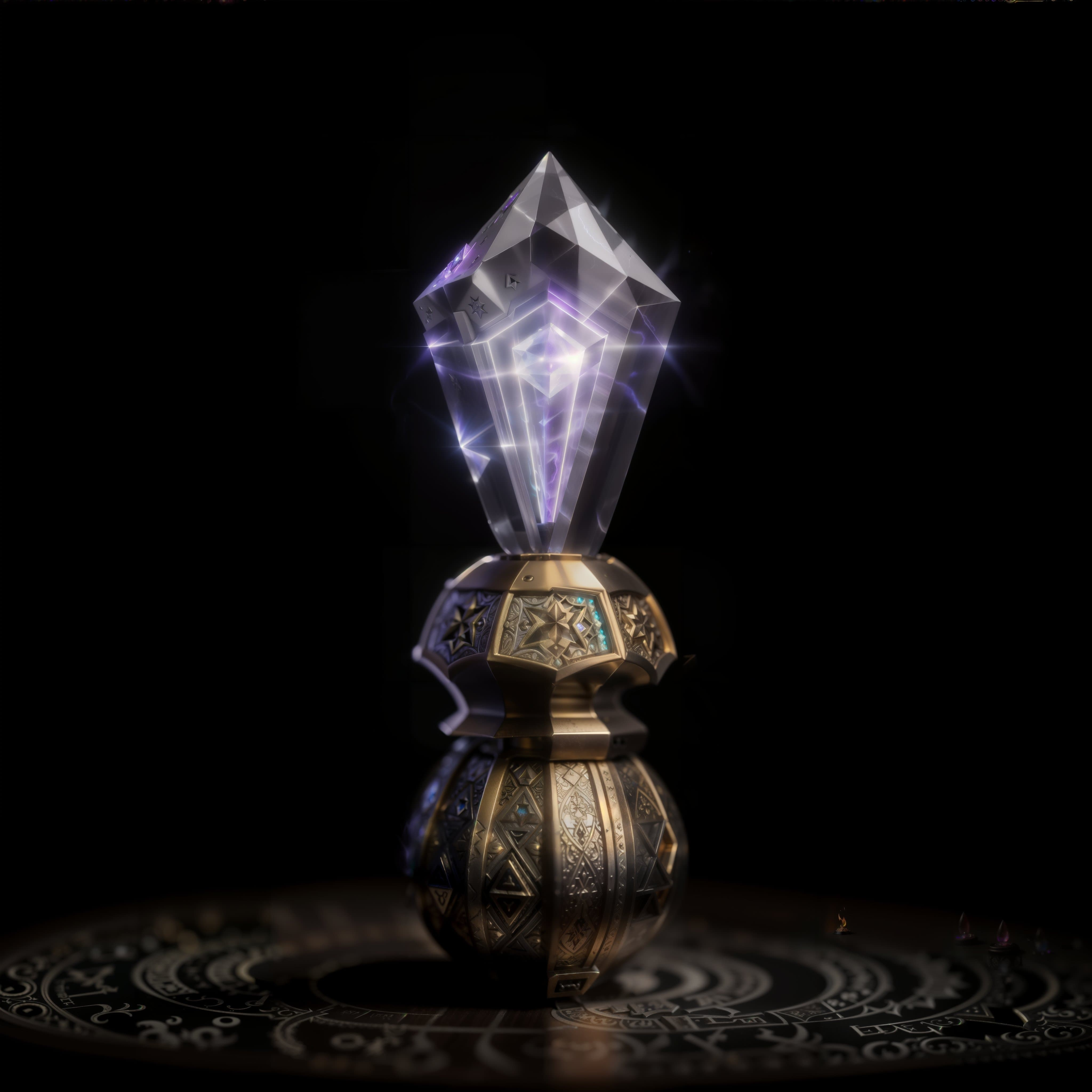 A magic item that looks like a glowing arrowhead-shaped gem held on a gold mount.