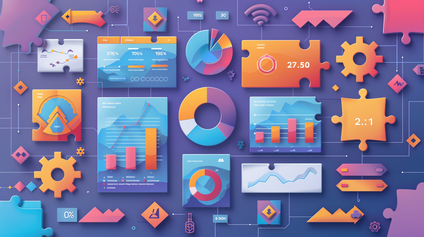 dashboard with various gauges, dials, and charts displaying increasing customer retention rates, satisfaction scores, and revenue growth