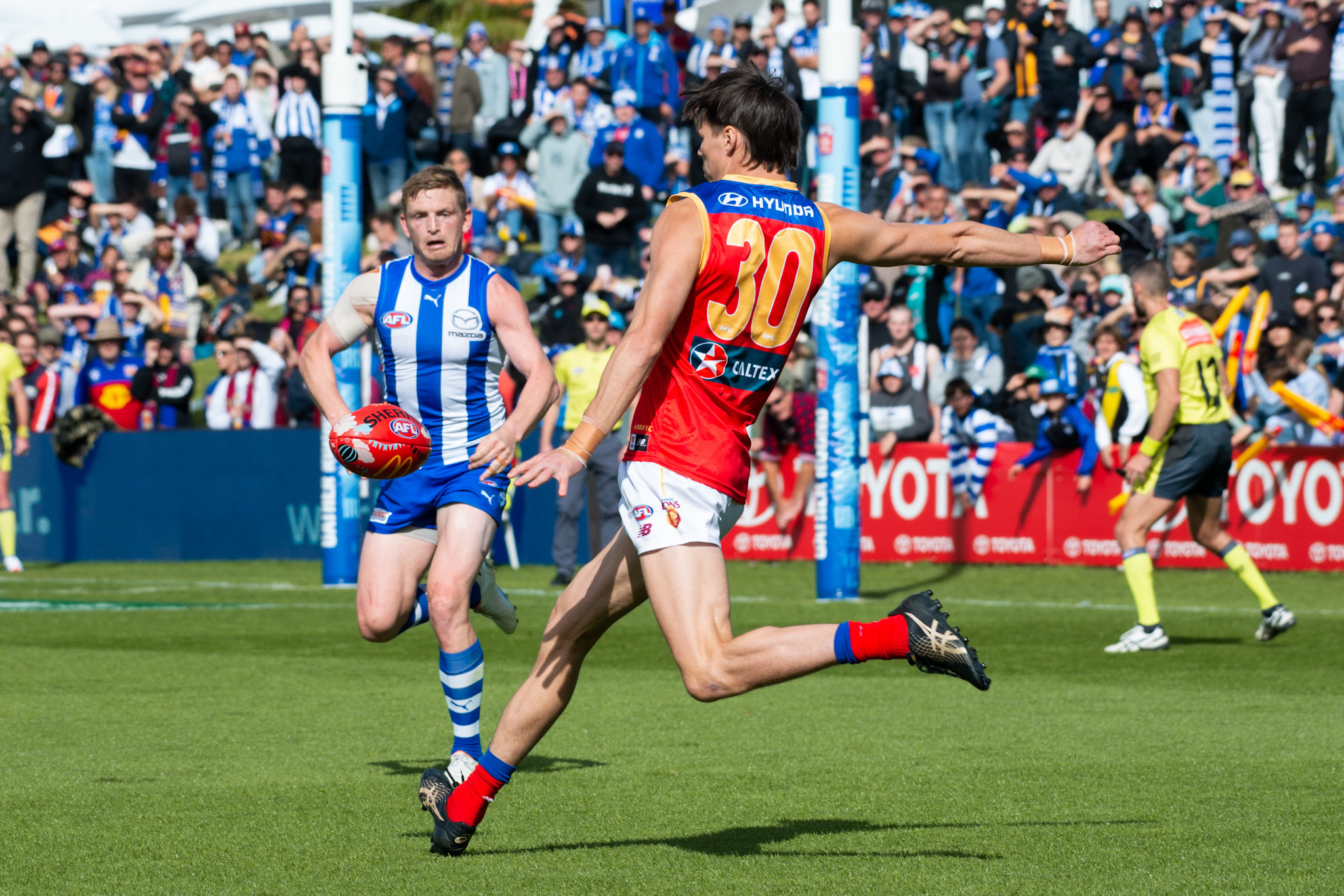 Eric Hipwood had four goals for the Lions in their win over the Kangaroos. Image: Dani Brown