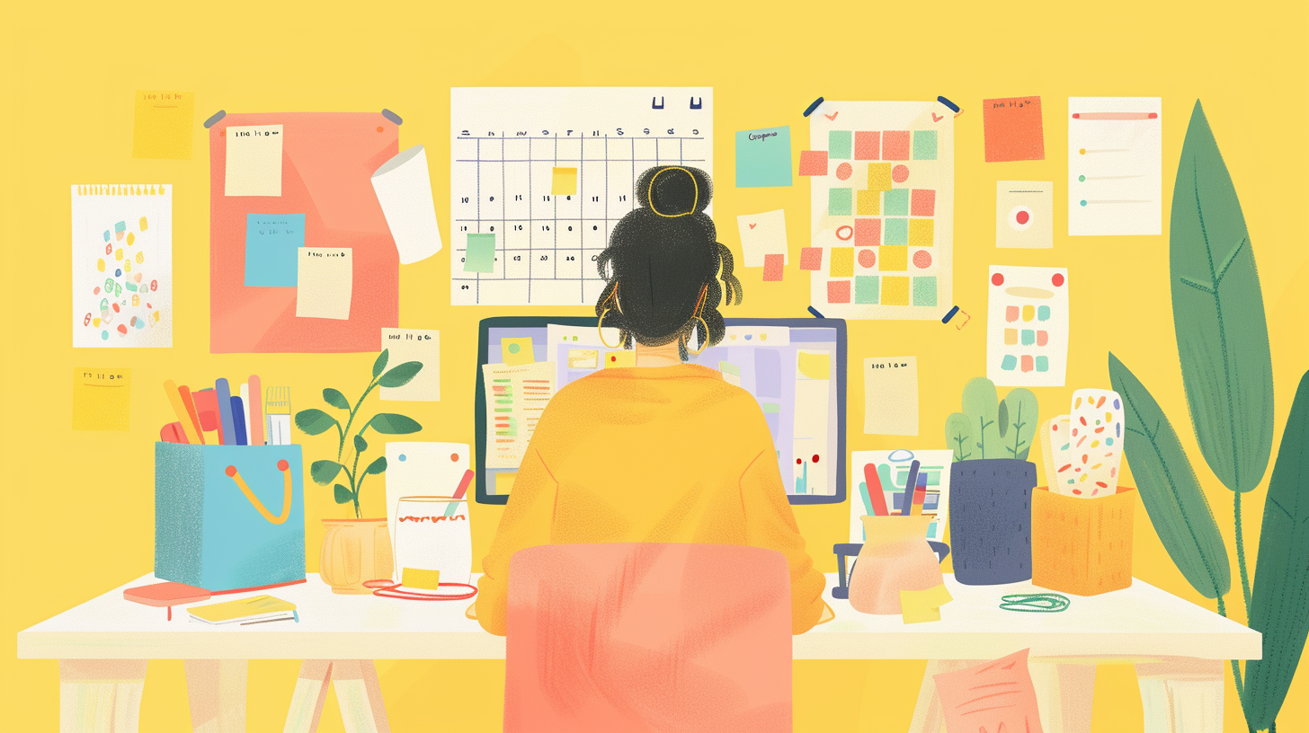 person sitting in front of a calendar-filled desk, surrounded by social media icons and colorful sticky notes