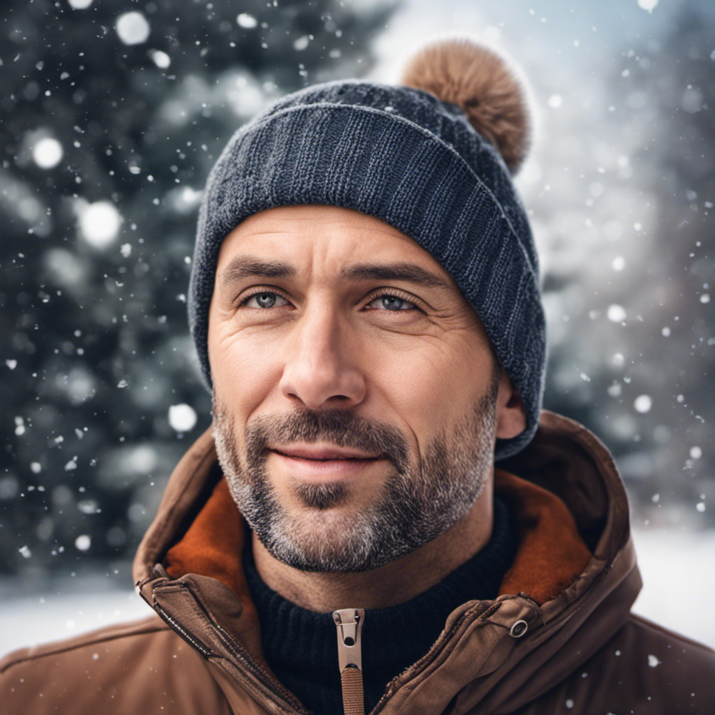 bald and bearded man wearing a beanie outdoors during winter