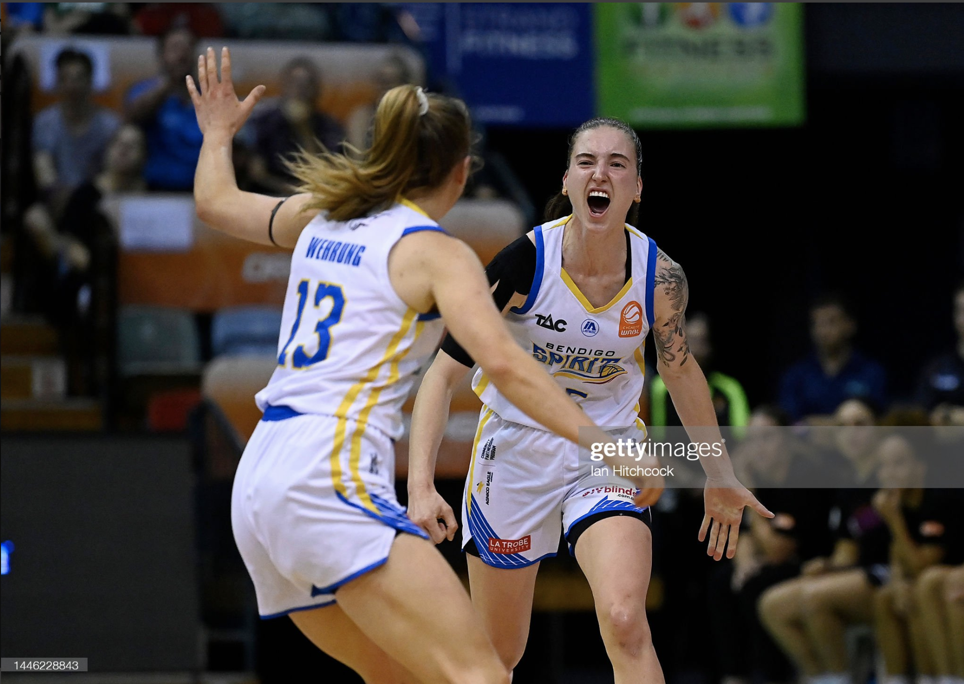 TOWNSVILLE, AUSTRALIA - DECEMBER 02: Anneli Maley of the Spirit celebrates after scoring a three point shot during the round 4 WNBL match between the Townsville Fire and the Bendigo Spirit at Townsville Entertainment Centre, on December 02, 2022, in Townsville, Australia. (Photo by Ian Hitchcock/Getty Images)