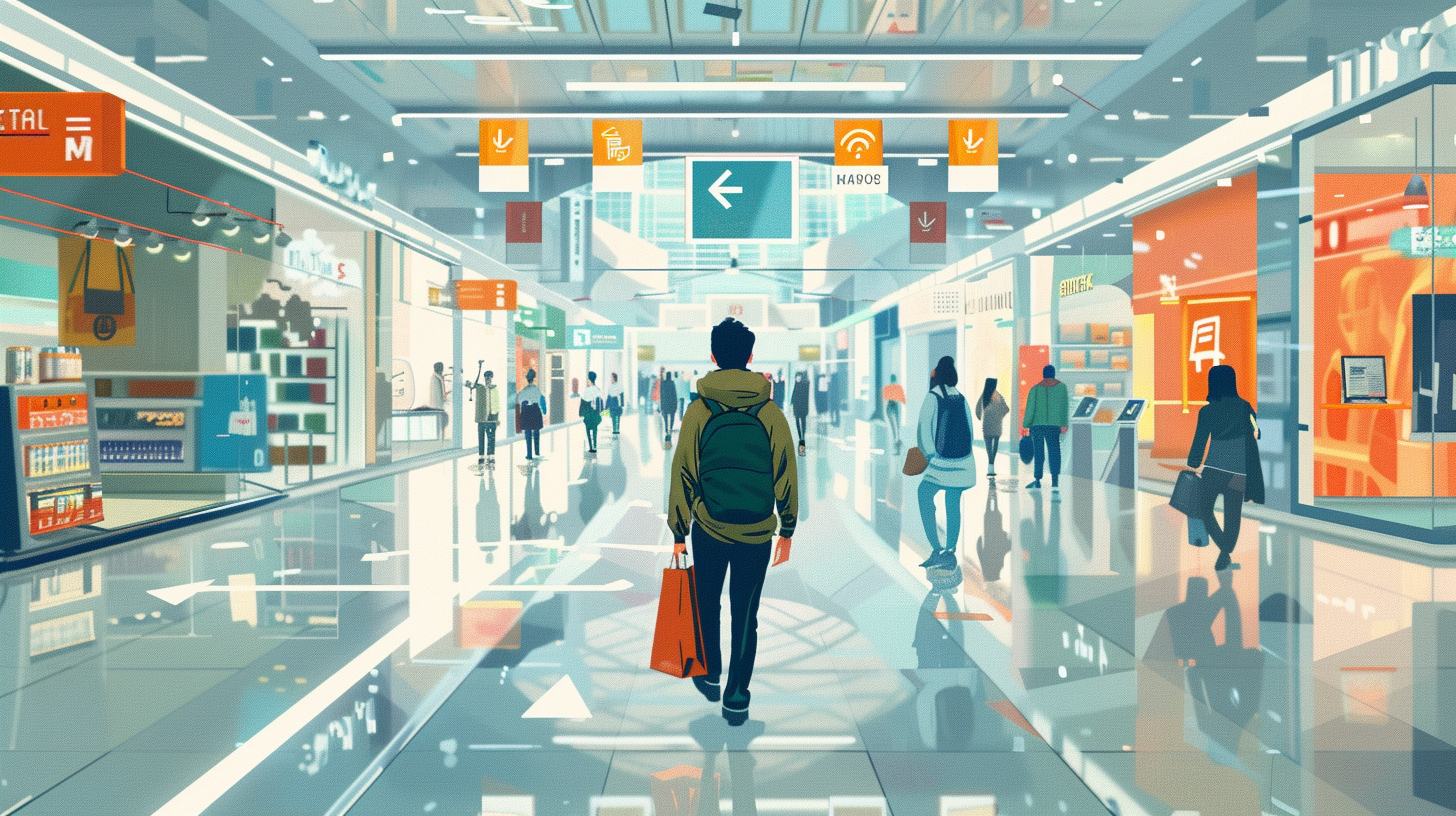 busy shopping mall scene with a male shopper in the center, surrounded by product displays