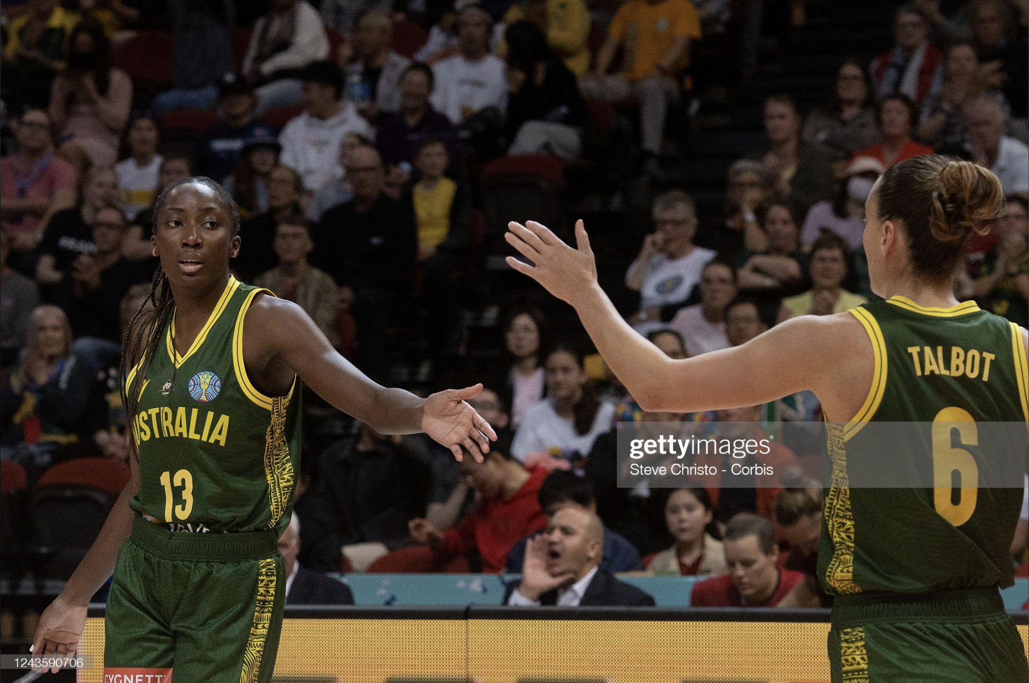 SYDNEY, AUSTRALIA - SEPTEMBER 29: Australia's Ezi Magbegor reacts with team-mate Steph Talbot during the 2022 FIBA Women's Basketball World Cup Quarterfinal match between Australia and Belgium at Sydney Superdome, on September 29, 2022, in Sydney, Australia. (Photo by Steve Christo - Corbis/Corbis via Getty Images)