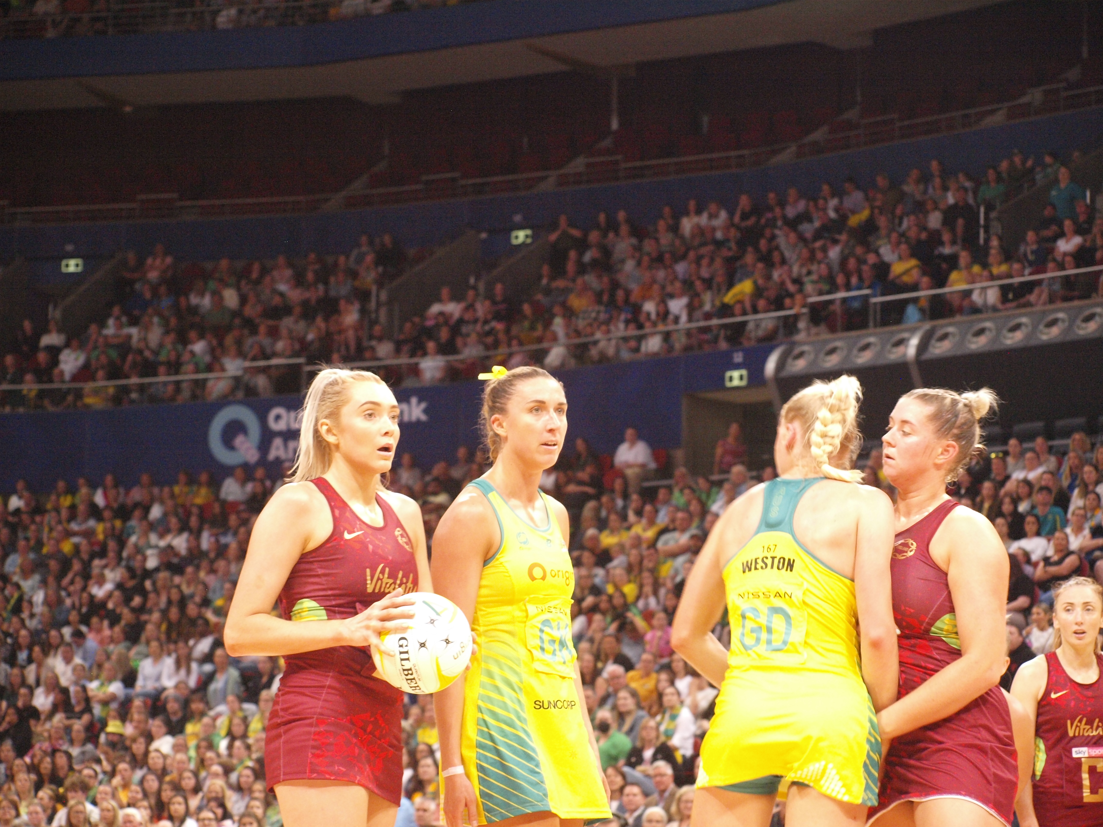 Helen Housby (L) and Sarah Klau (centre) go head to head for their national teams. Image: Dan Coppel