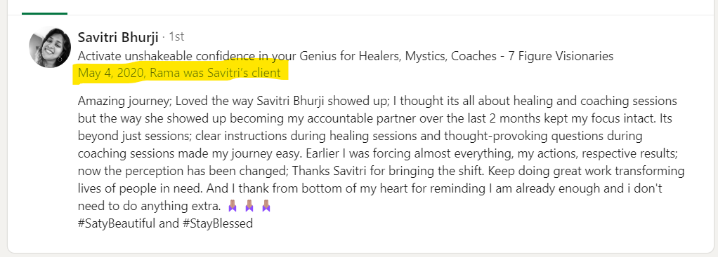 Testimonial of Savitri Bhurji's Coaching and Mentoring