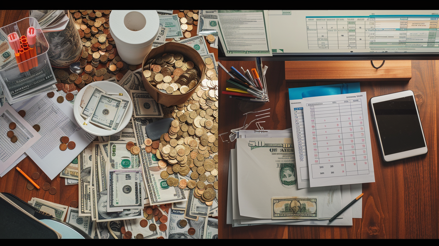 split-screen image with a chaotic, cluttered desk on one side, overflowing with crumpled papers and scattered coins, and a tidy, organized workspace on the other, with a neatly arranged budget spreadsheet