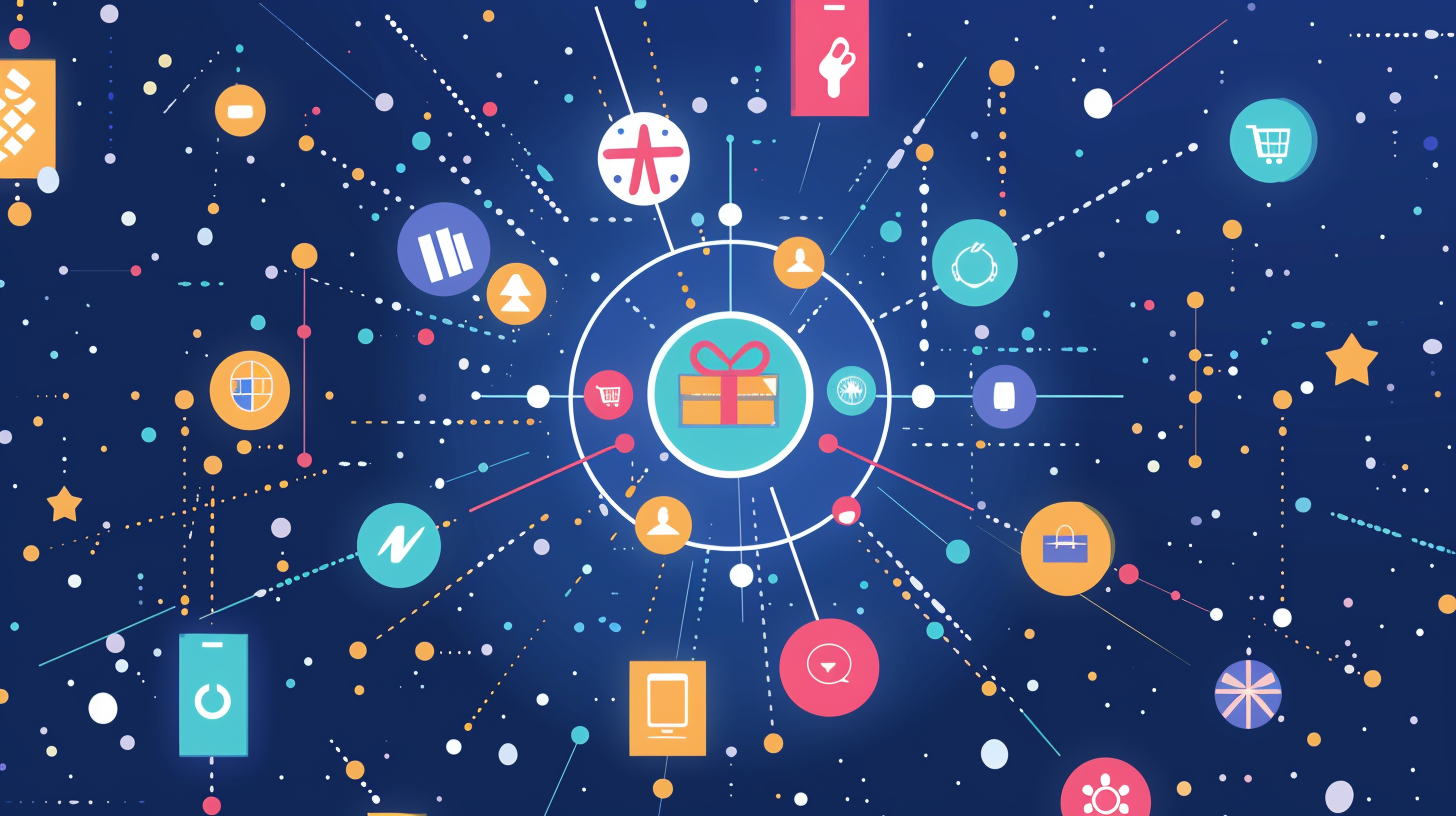 loyalty program ecosystem, featuring a central hub with radiating circles, each representing a type of loyalty program