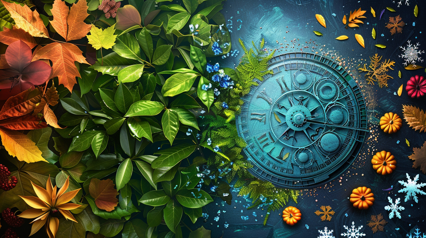 perpetual calendar with vibrant green leaves on the left, symbolizing evergreen content, and a seasonal wheel with changing colors