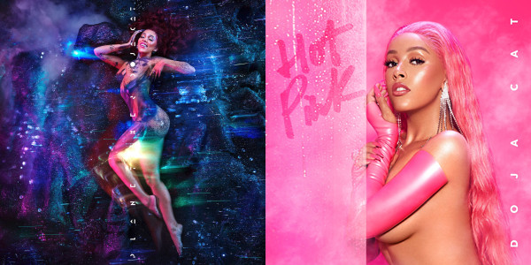 The album covers for Planet Her and Hot Pink. For Planet Her, Doja Cat, dressed in a sheer, tight-fitting dress, reclines with a multicoloured galactic background, hair adrift. For Hot Pink, Doja Cat, wearing only pink sleeves and a pink wig, steps into a shower with a pink background.