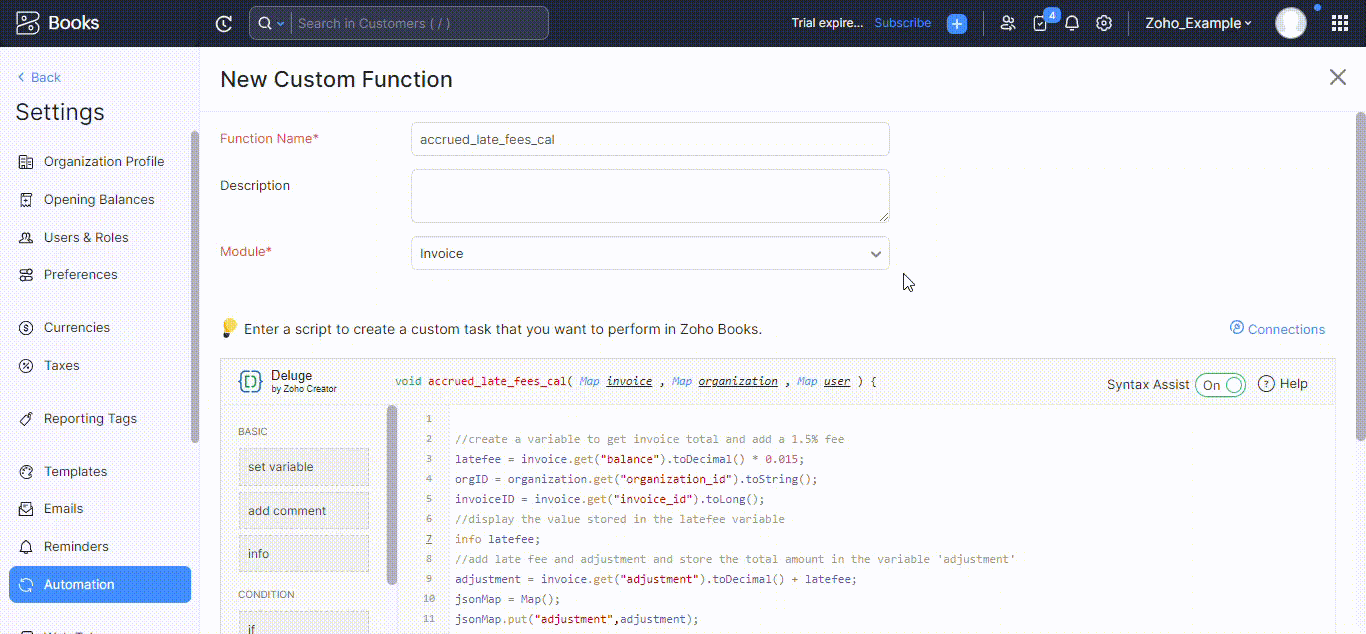 Zoho Books late fee setup, Custom function scheduling in Zoho Books, Accrued late fee automation, Zoho Books fee management tutorial, Late fee calculation workflow, Efficient fee management in Zoho Books, Custom function implementation steps, Zoho Books late fee automation guide, Invoice late fee customization, Zoho Books financial control enhancement