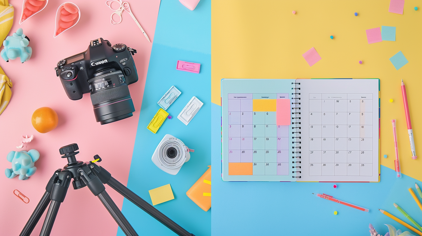 camera and tripod on the left, surrounded by colorful props and backdrops, and a calendar or planner on the right