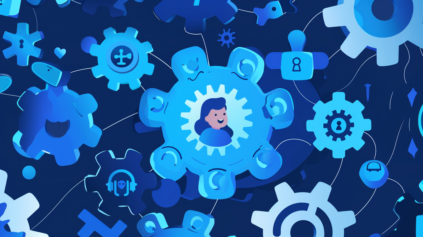 interconnected gears and puzzle pieces in shades of blue, with a centerpiece of a smiling customer surrounded by loyalty badges and rewards icons