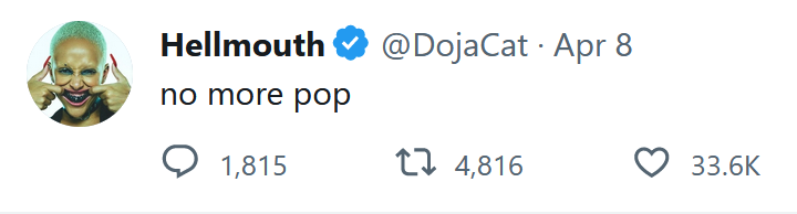 A tweet from Doja Cat on Apr 8, 2023 reading: "no more pop"