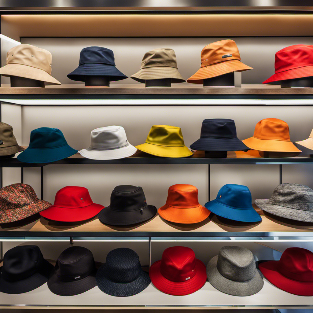 bucket hats in different colors and sizes displayed on a store rack