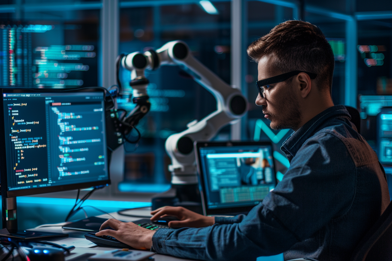 A male SEO specialist sitting in front of a desktop computer