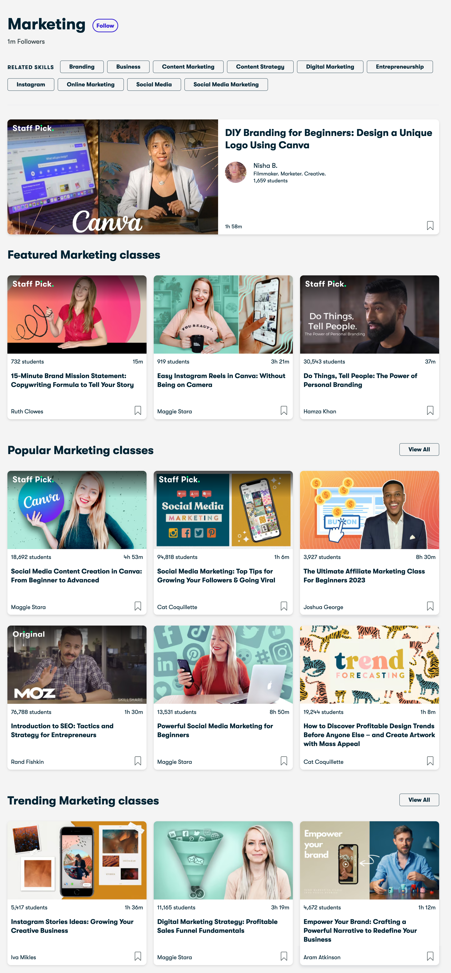 Marketing courses on online platform skillshare