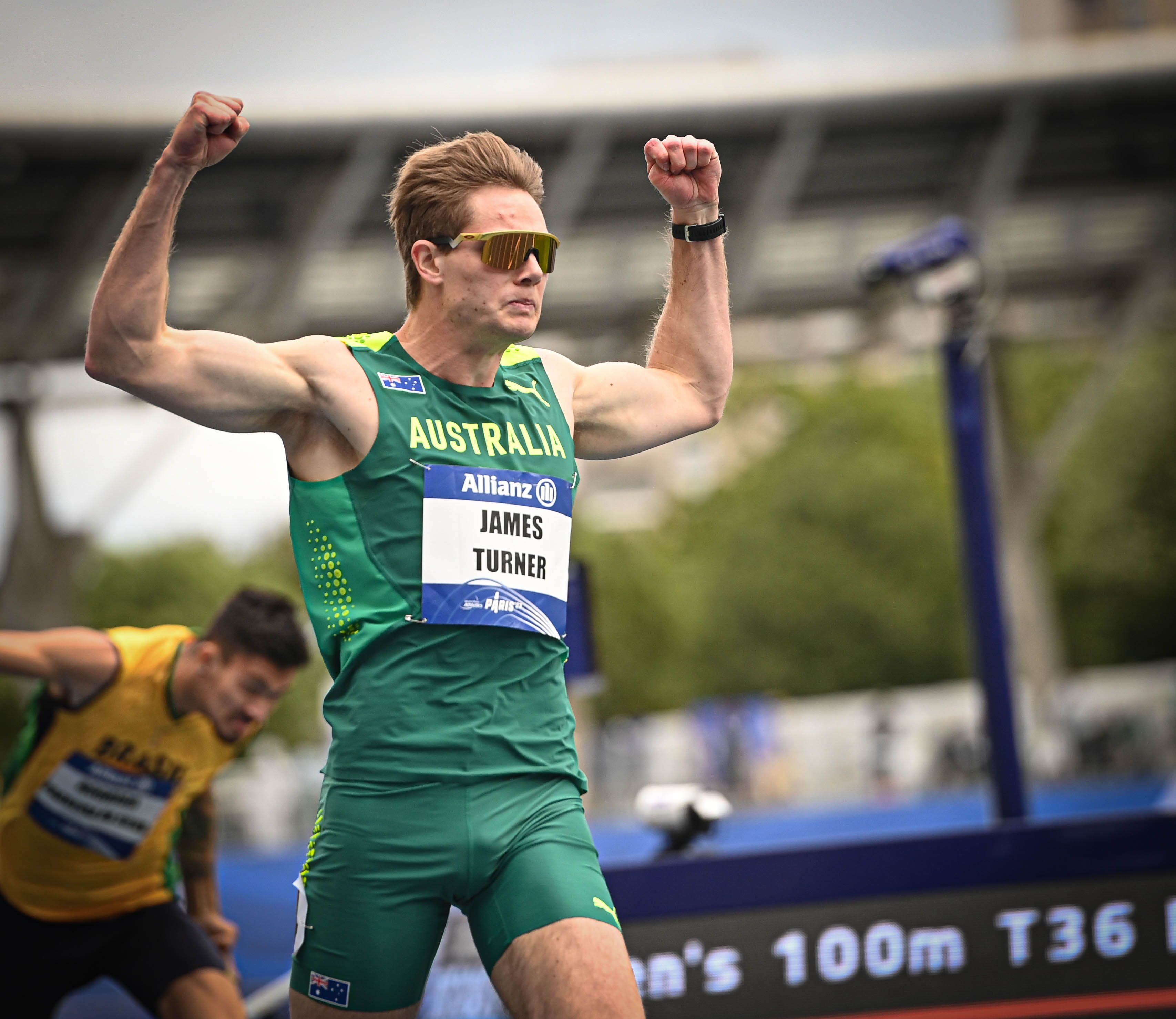 James Turner celebrating winning gold in the 100m T36 on day seven of the World Para Athletics Championships. Image: Athletics Australia