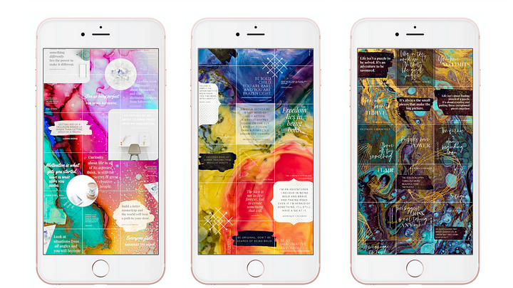 Three examples of Instagram puzzles the first two show bright colours, circles, squares and swishes with quotes and the last shows intense gold and turquoise swirls with quotes and statements.