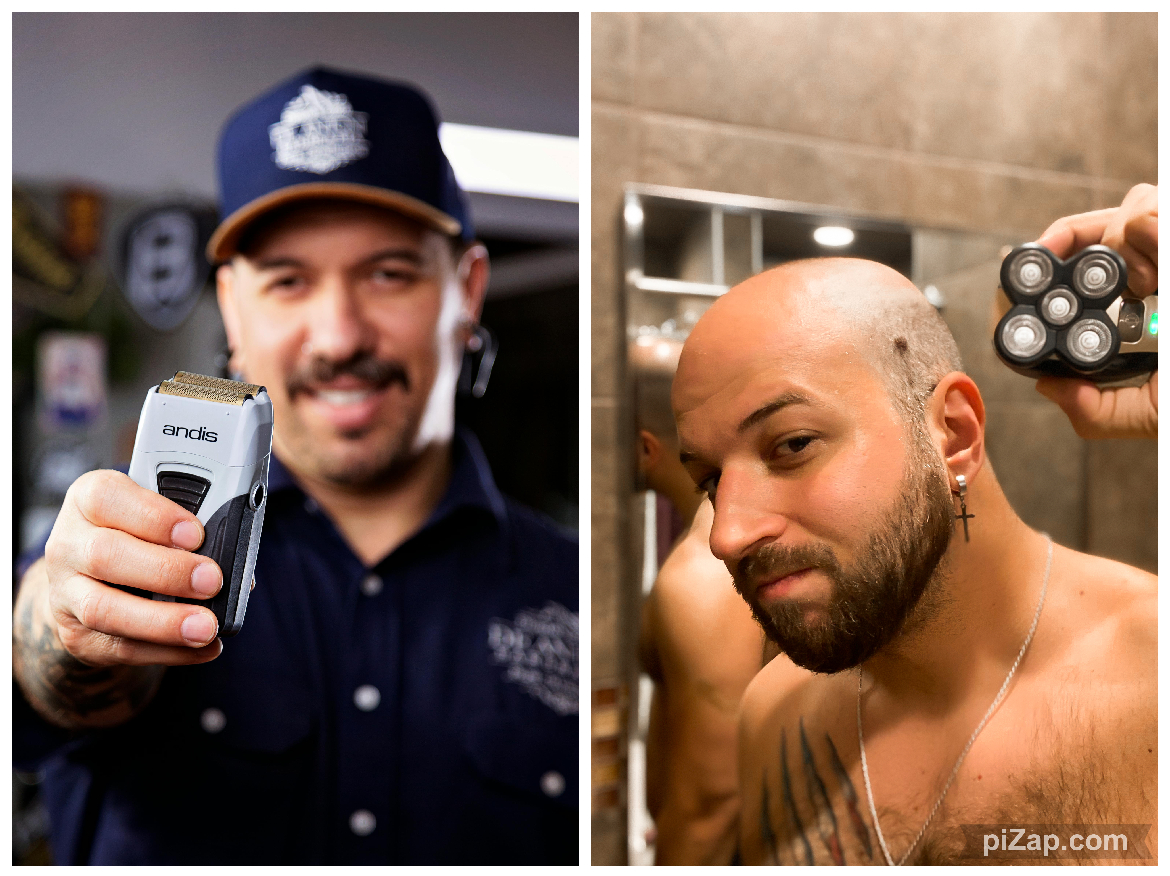 photo of a man holding a foil shaver and a bald man holding a rotary shaver