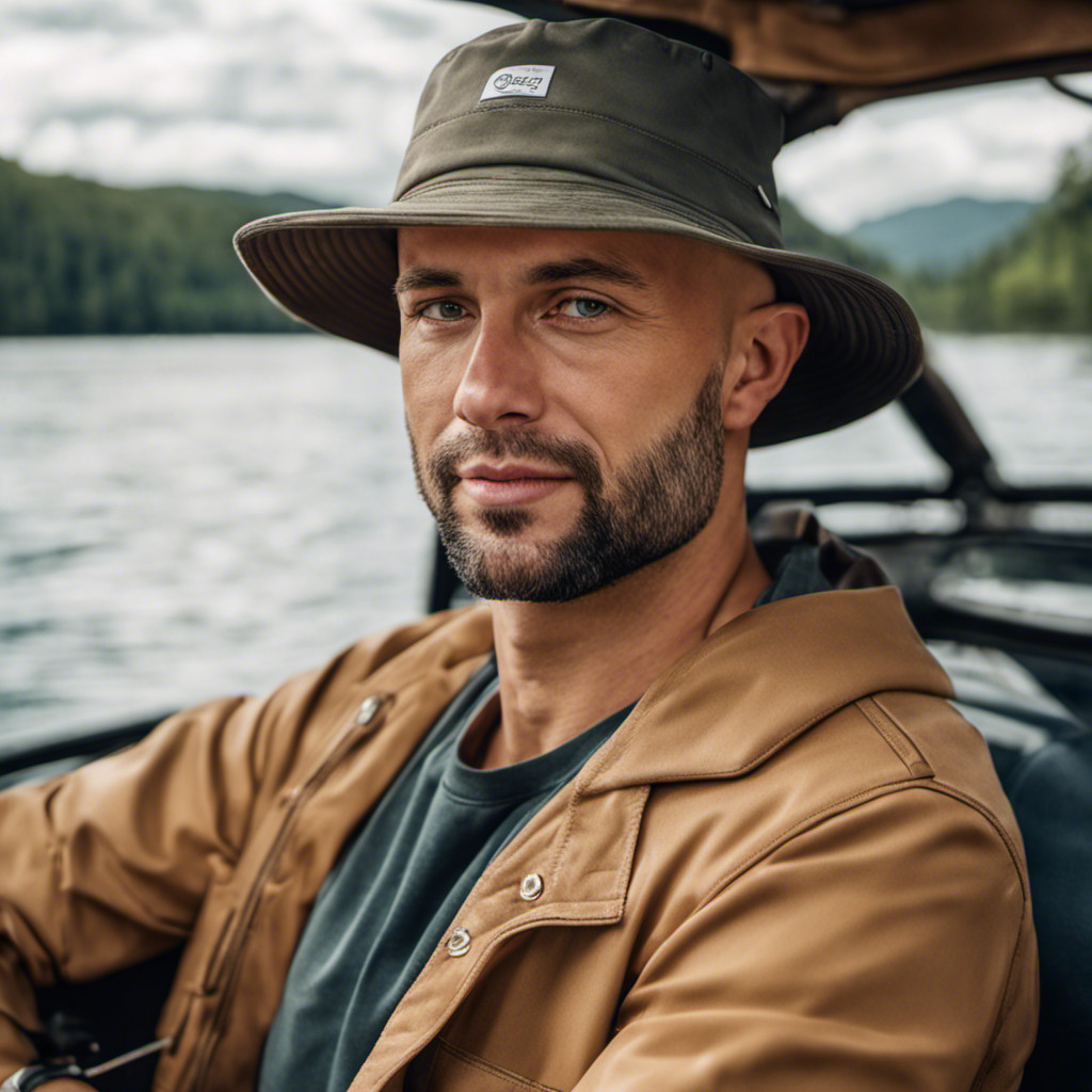 bald man wearing bucket hat on the way to fish in the lake