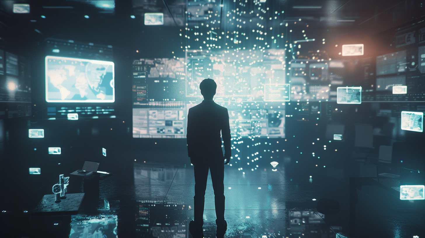 A young businessman surrounded by screens displaying social media feeds