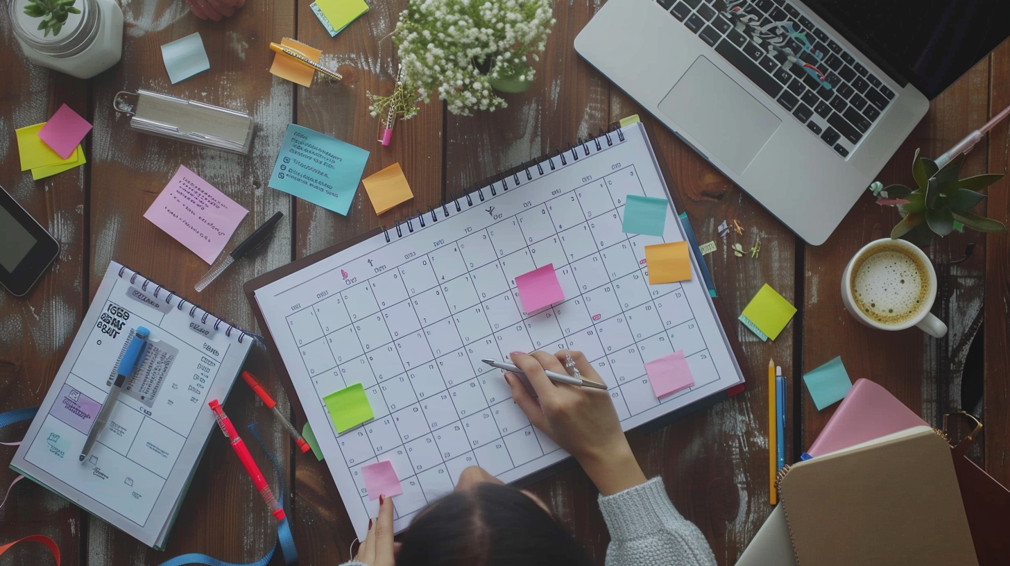 person sitting at a desk with a large, spiral-bound calendar opened to a month view