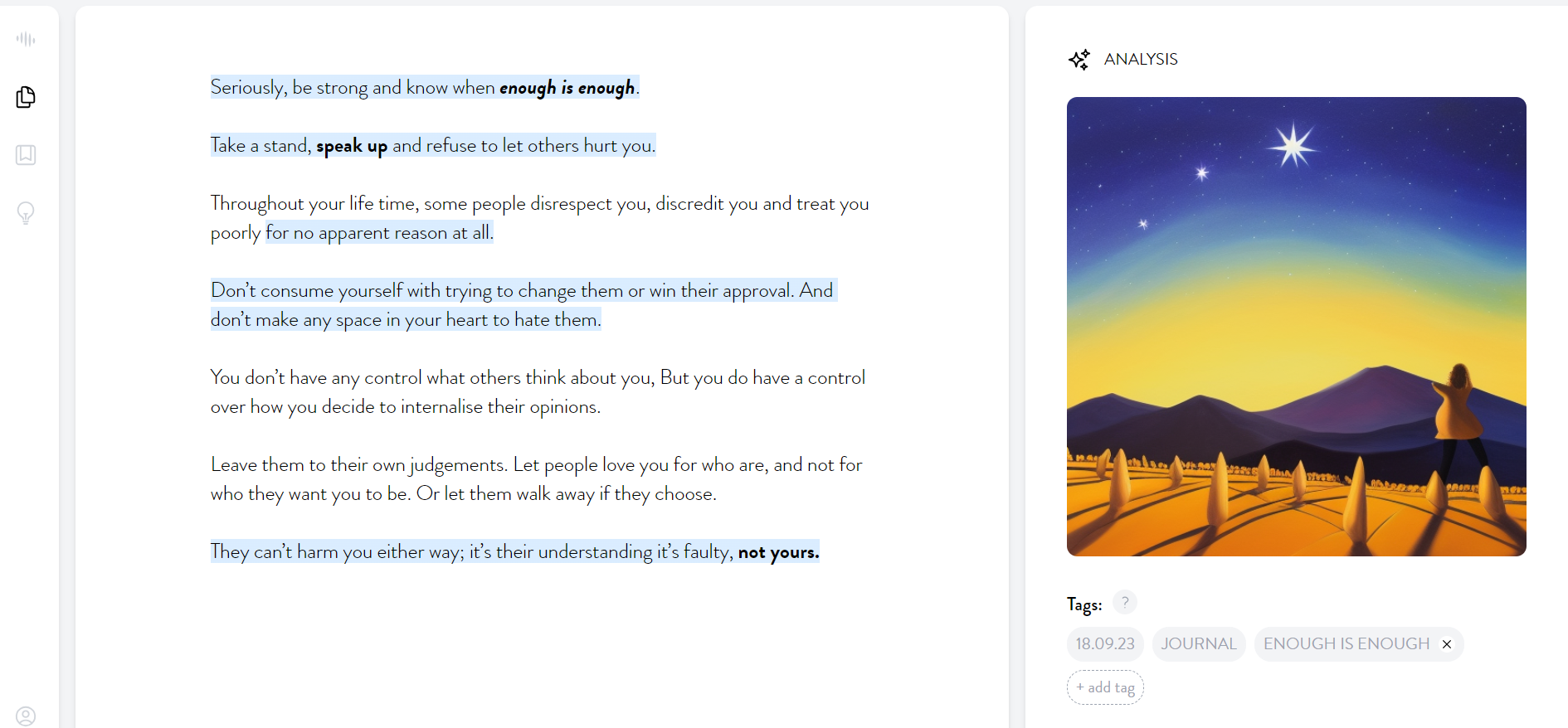 Mindsera Journaling Editor - after Analysis with AI generated artwork