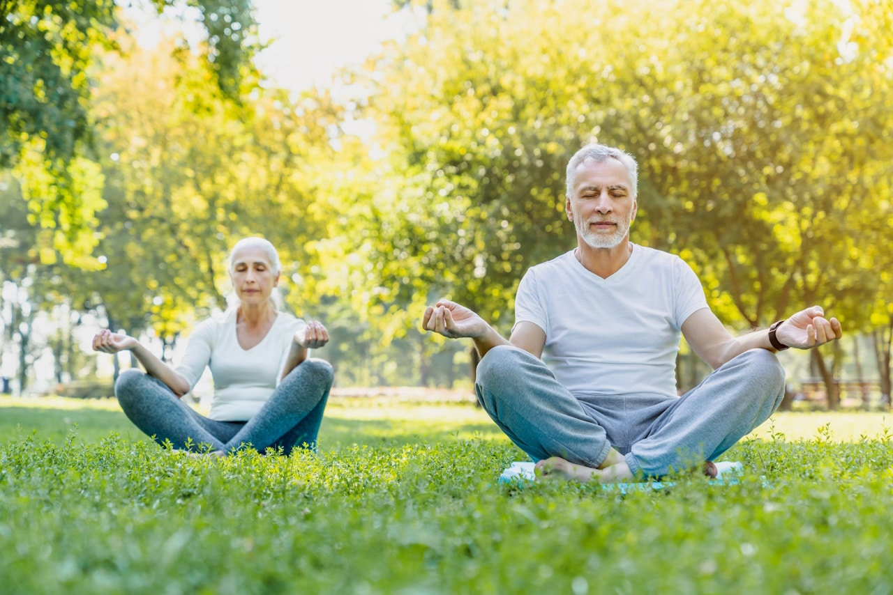 Senior couple meditating in the park