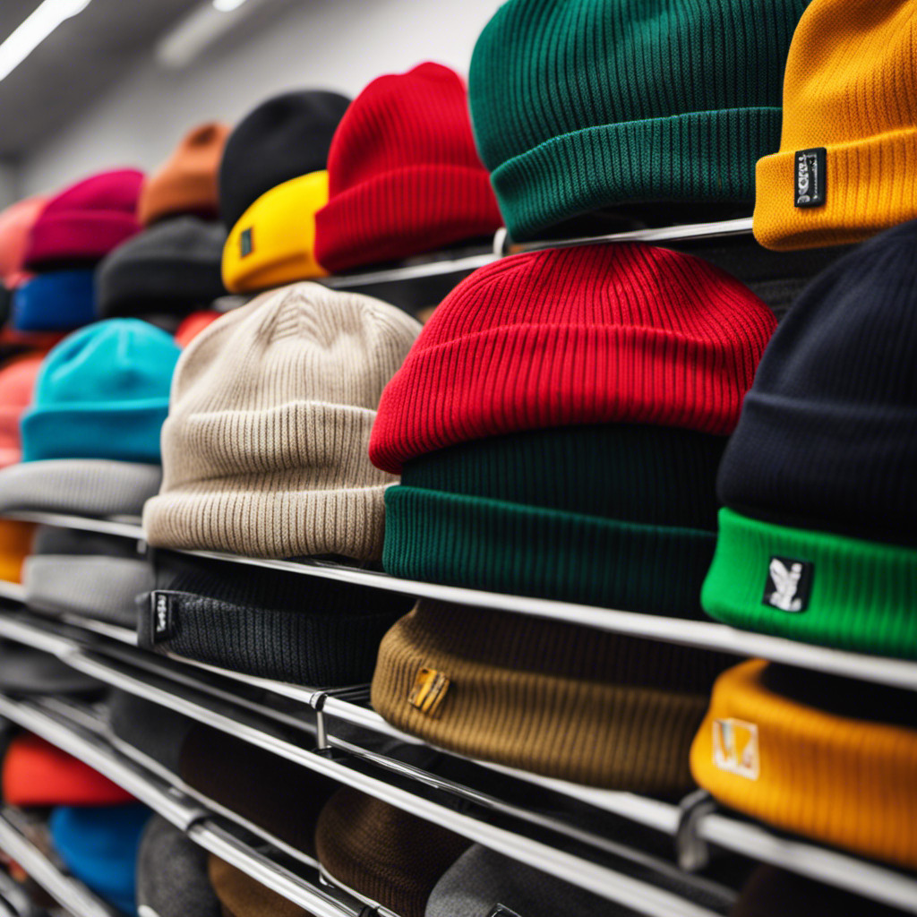 beanies in different colors and styles on a display rack